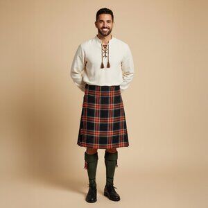 Men’s Highlander Kilt Black Stewart Tartan  8-Yard Scottish Outfit